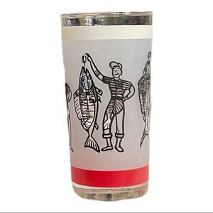 Vtg LIBBEY Red, Black & White Frosted Tumbler Fishermen w/ Fish 10 oz VERY HTF!